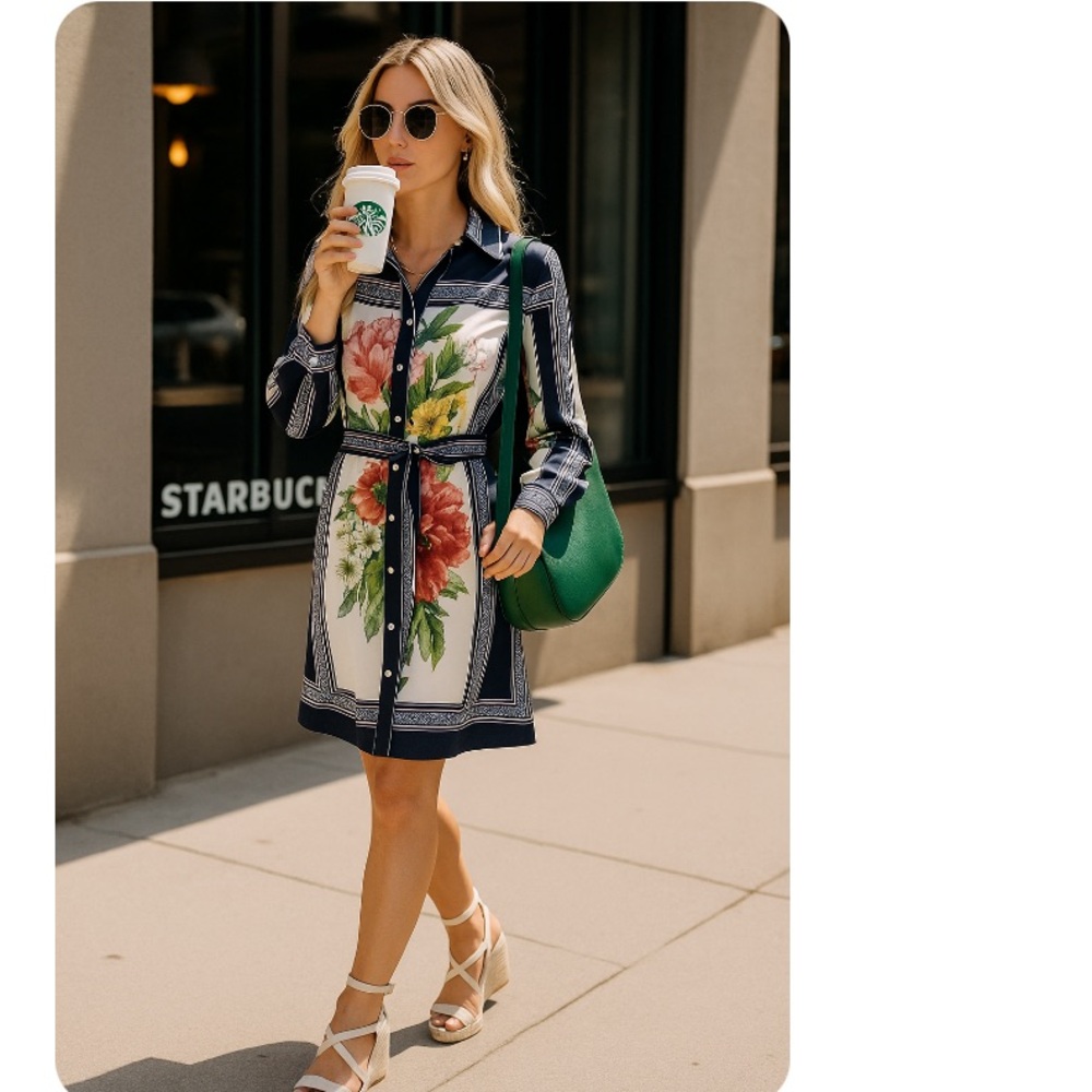Vici - Duster/Kimono Or Dress With Belt - Flowers & Abstract Pattern
